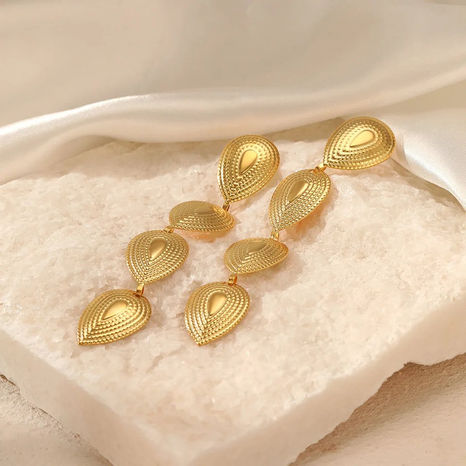 Vintage Etched Oval Drop Gold Earrings