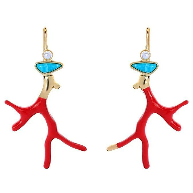 Red Enamel Coral Resin Antlers Branch Drop Dangle Earring