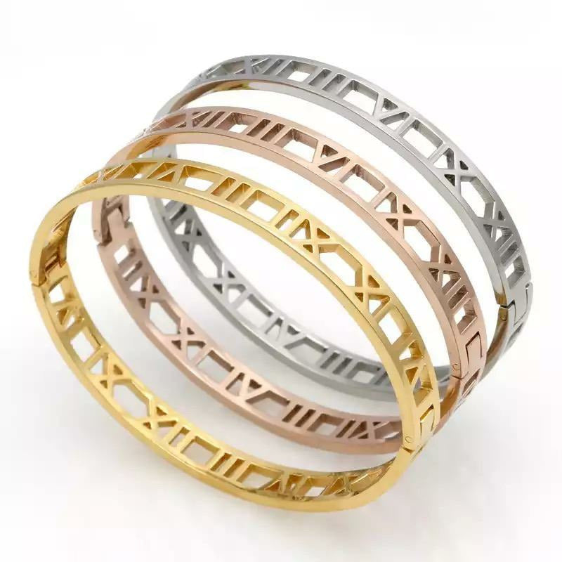 Hollow Roman Numeral Bangle Bracelet - Main Image