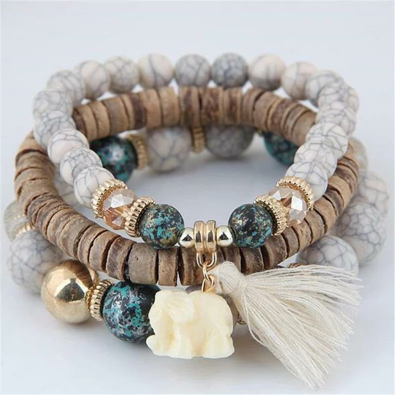 7 Chakra, Natural Wood Beaded Bracelet with a beautiful elephant pendant