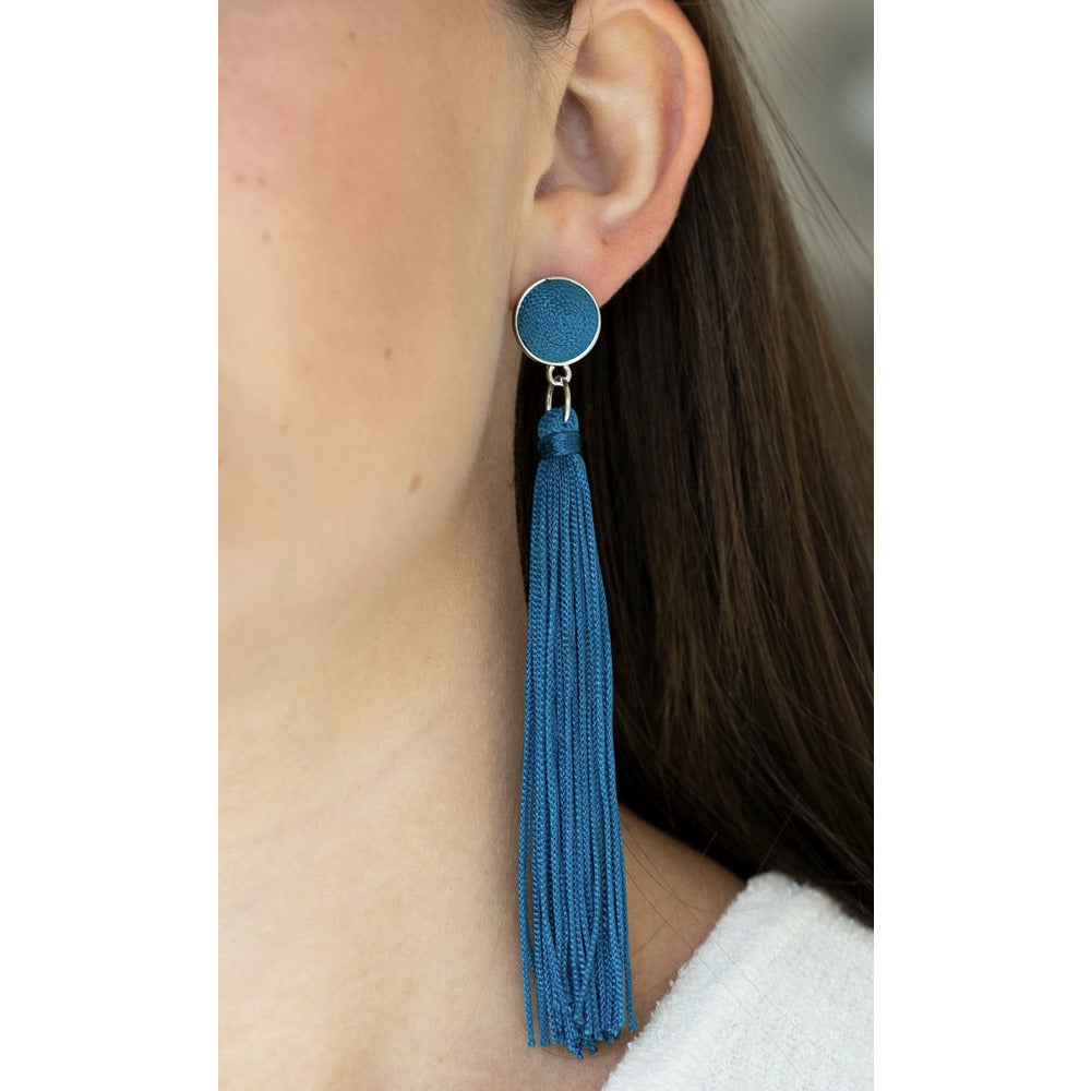 Blue and silver long tassel earrings