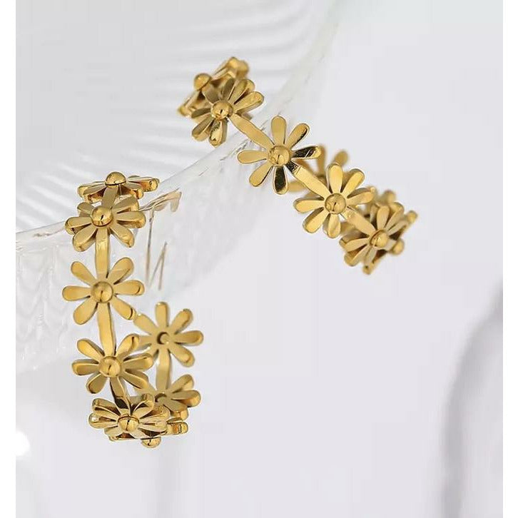 Sunflower Round Gold Hoops - Stainless Steel