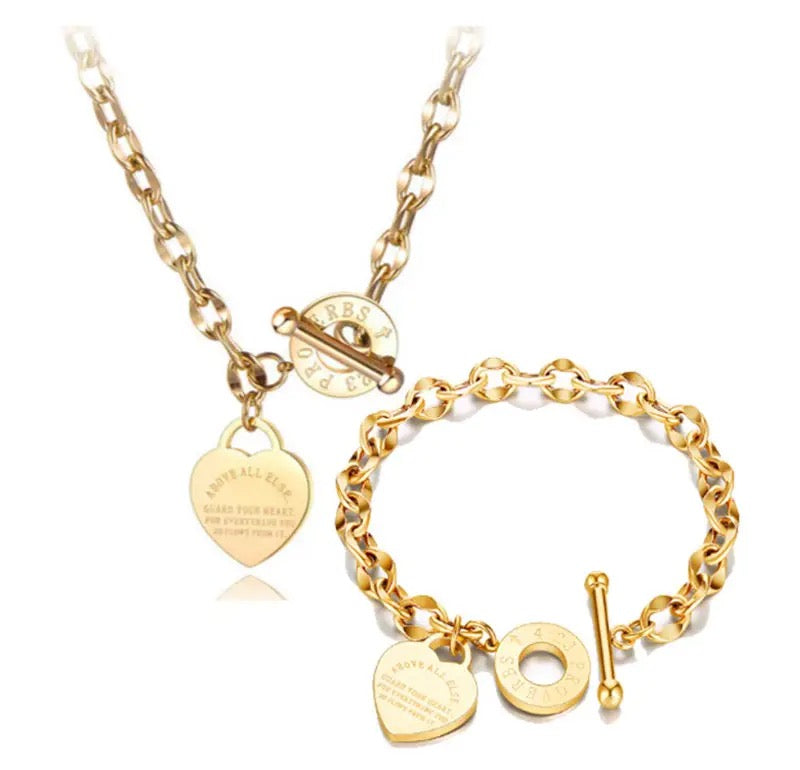 Guardian Motivational Heart Tag Charm Necklace And Bracelet Set