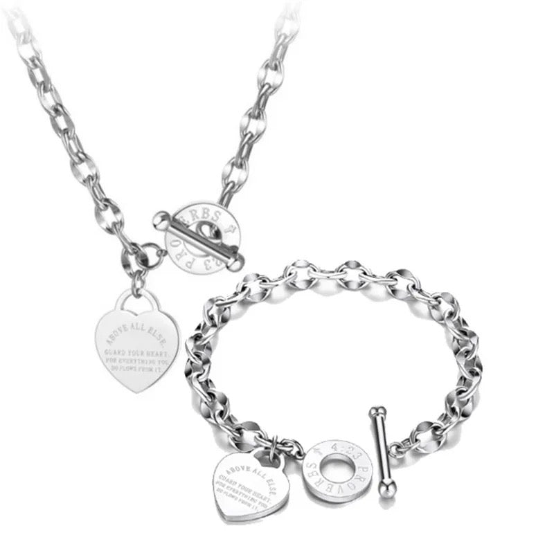 Guardian Motivational Heart Tag Charm Necklace &amp; Bracelet Set