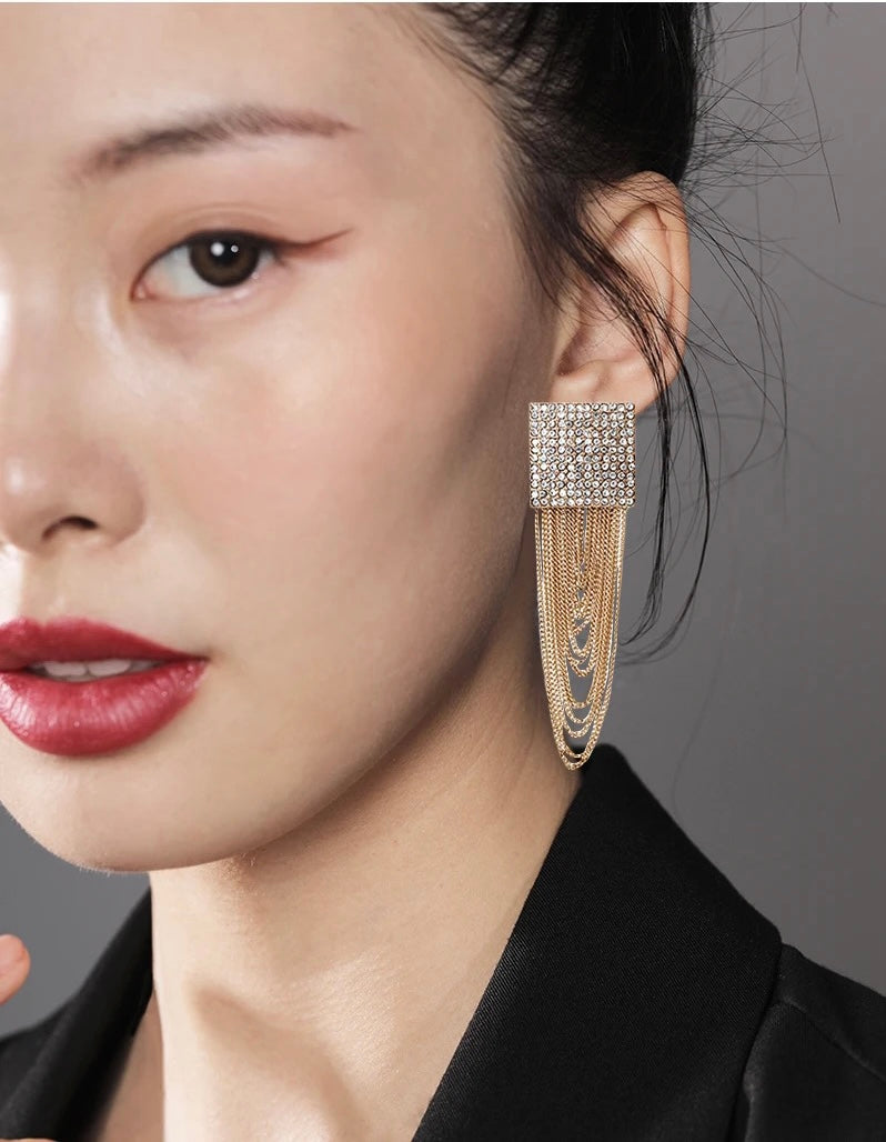 Rhinestone Tassel Chain Earrings
