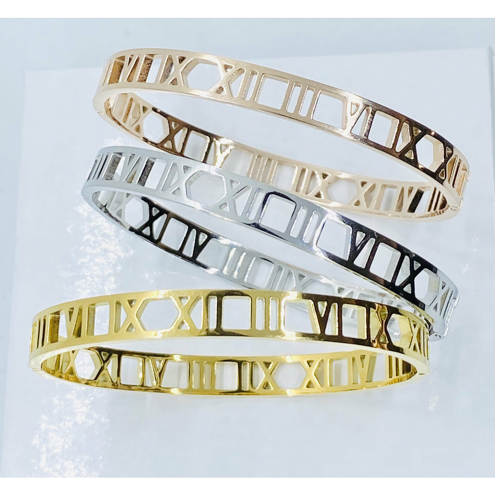 Hollow Roman Numeral Bangle Bracelet - Designer Inspired Jewelry 