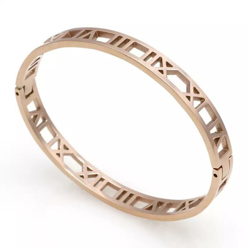 Rose Gold Hollow Roman Numeral Bangle Bracelet - Designer Inspired Jewelry 