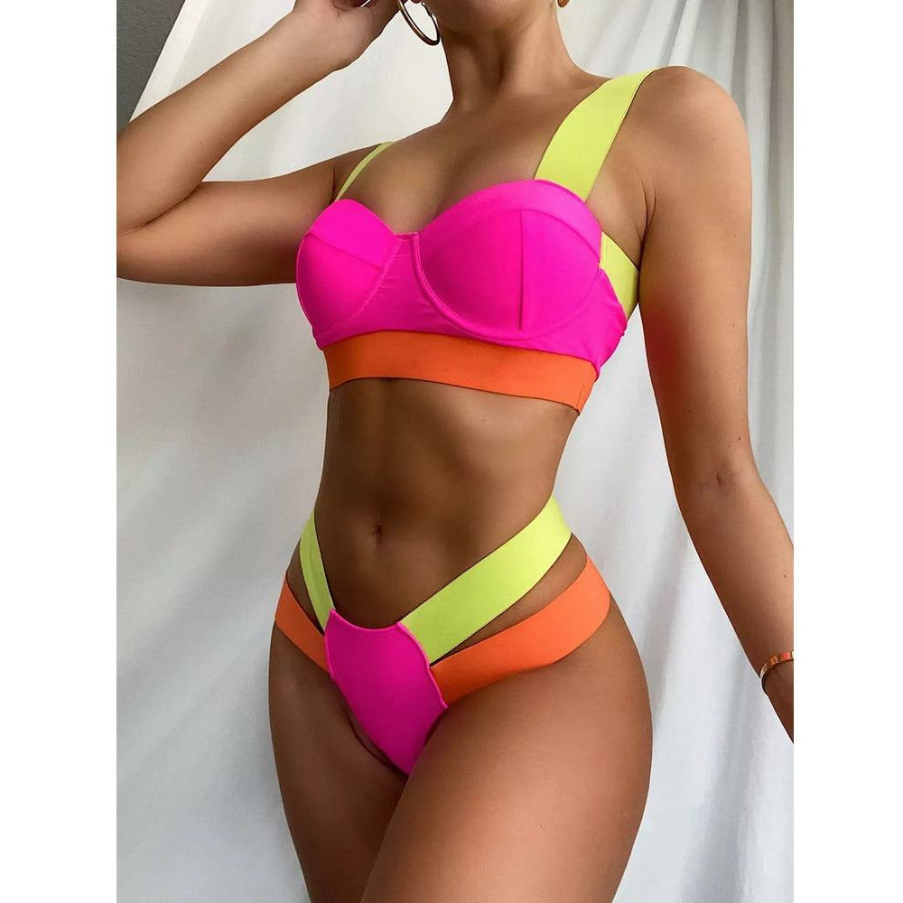 Bright neon pink, yellow and orange Brazilian thong bikini