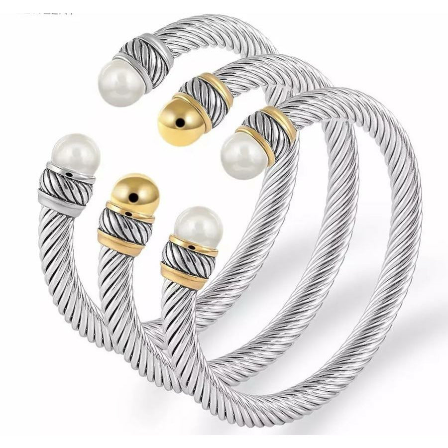 Silver gold two toned vintage snake cable cuff pearl bracelet- designer inspired