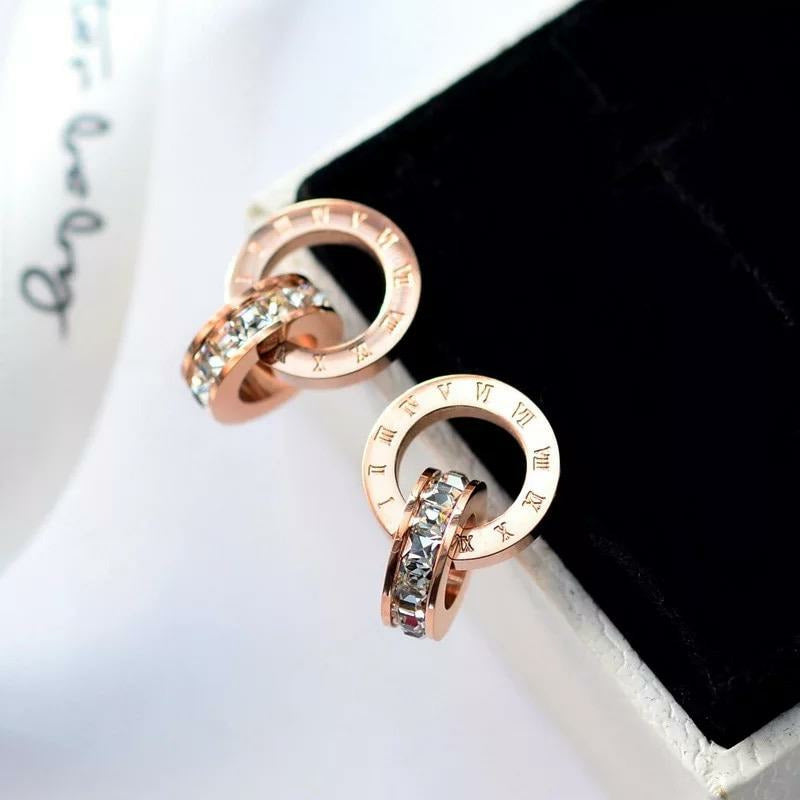Interlocking Roman Numeral Drop Stud - Rose Gold Earrings