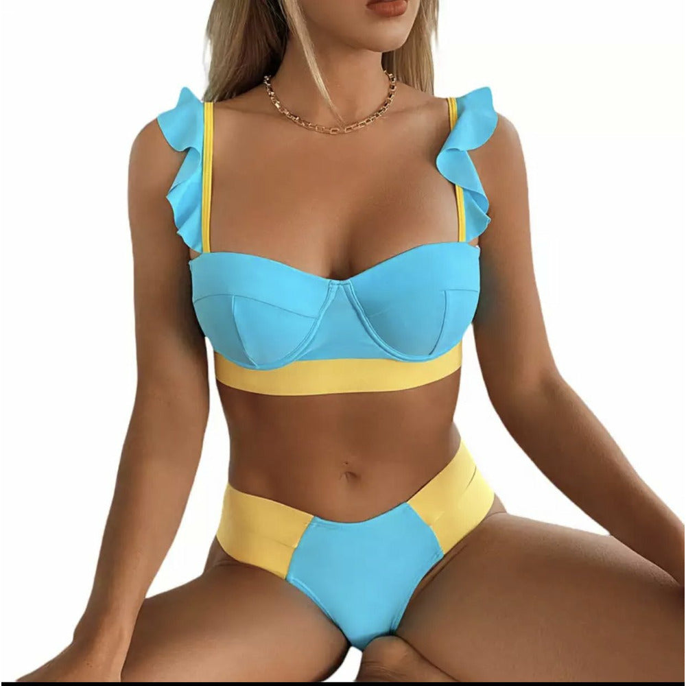 neon blue and yellow Brazilian thong bikini 