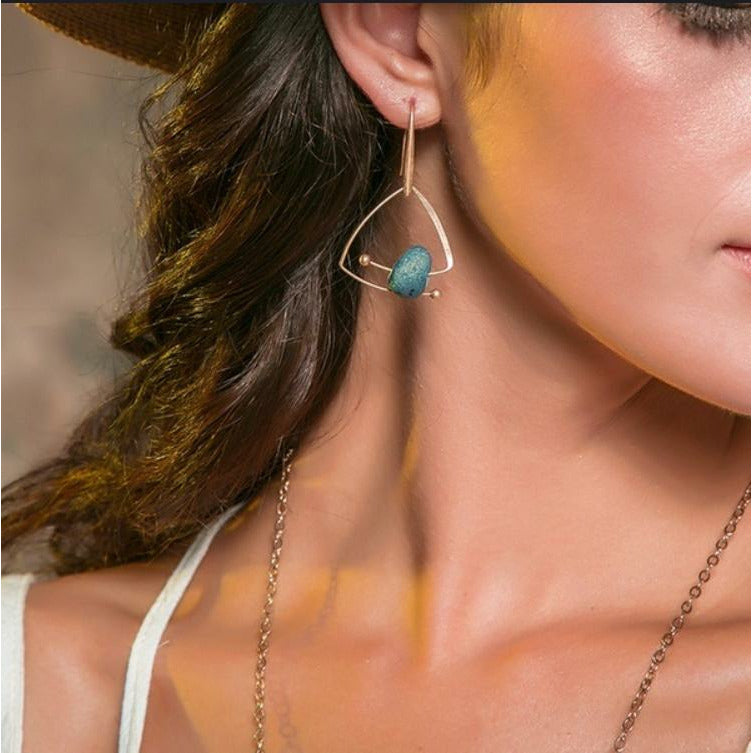 Quartz druzy geometric gold drop earrings 
