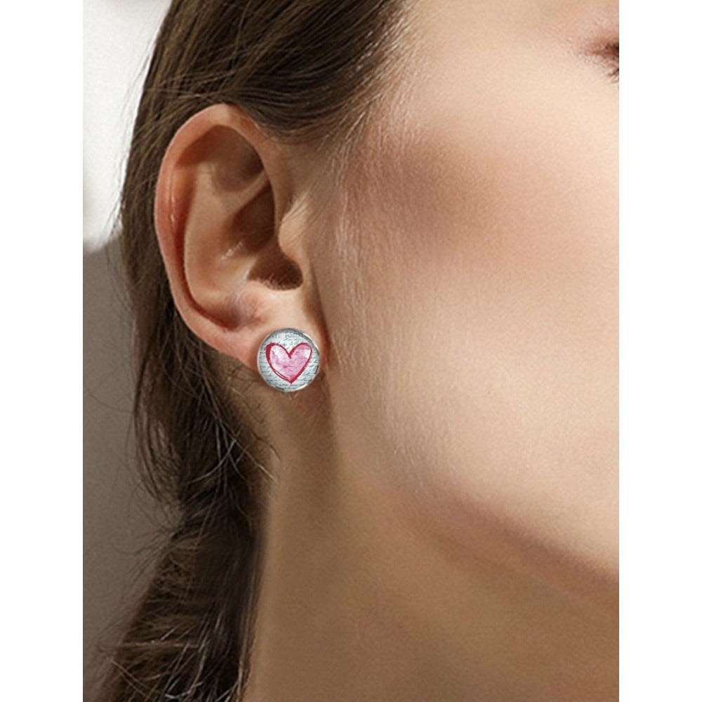 Pink Heart Round Stainless Steel Post Earrings