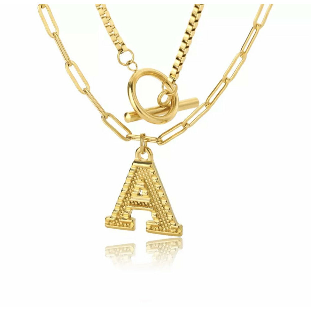 Letter A Name Initial Layer Necklace - Gold / Stainless Steel 
