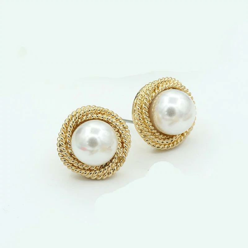 Big Simulated Pearl, Golden Rope Women Stud Earrings make the best sophisticated statement at dinner, work or wedding bridal party. 