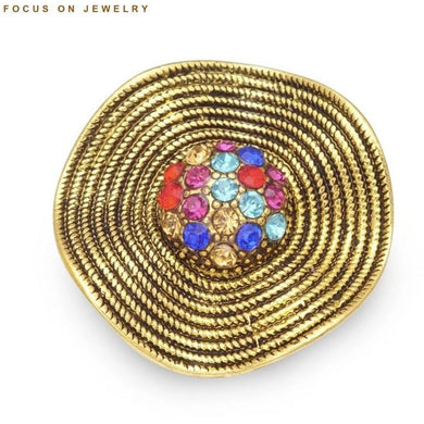 Gold fan ring with colorful crystal rhinestone center - antique gold