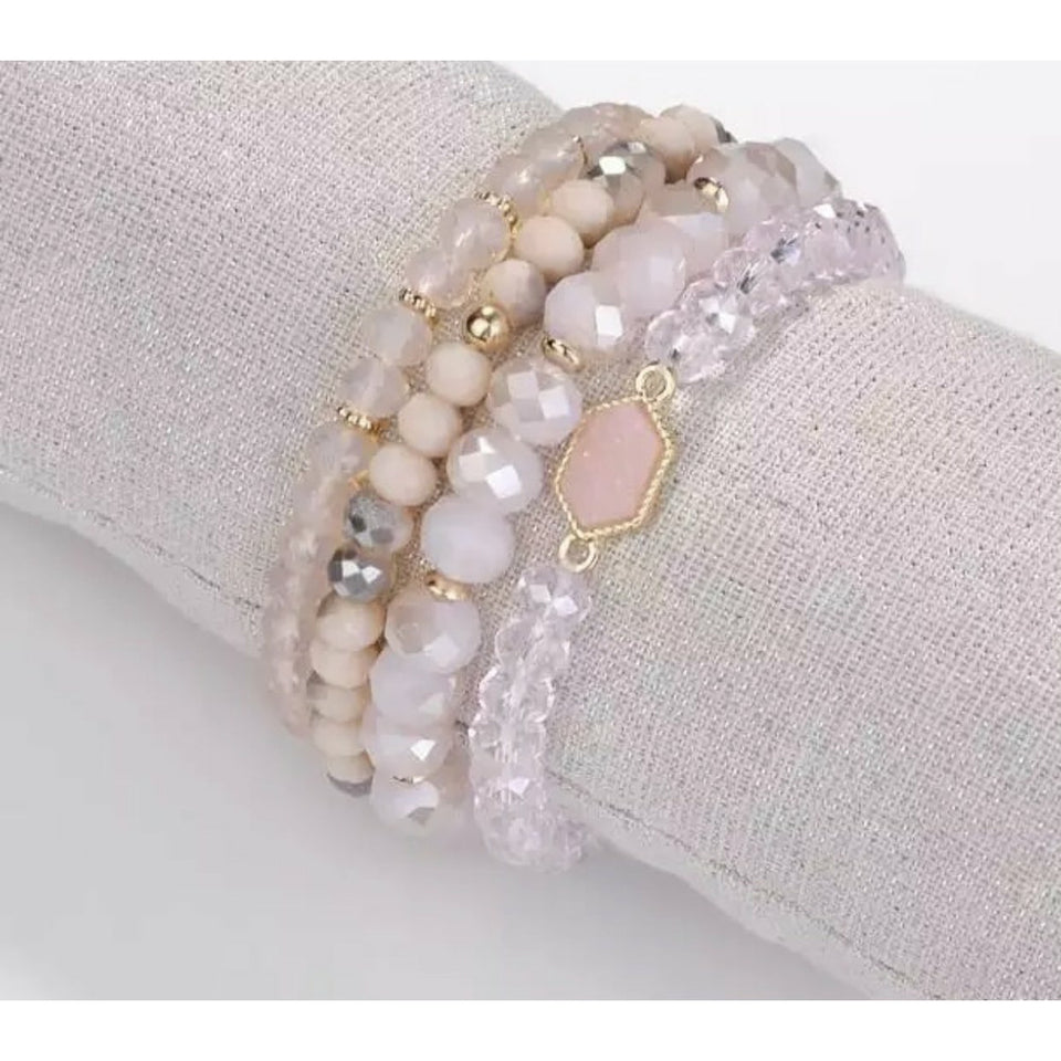 Crystal beaded stacked bracelet with druzy stone