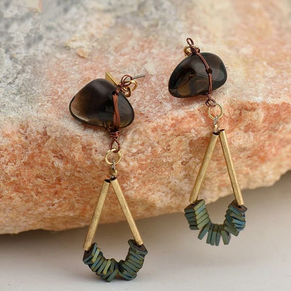 Handmade gold brown green natural stone drop earrings 