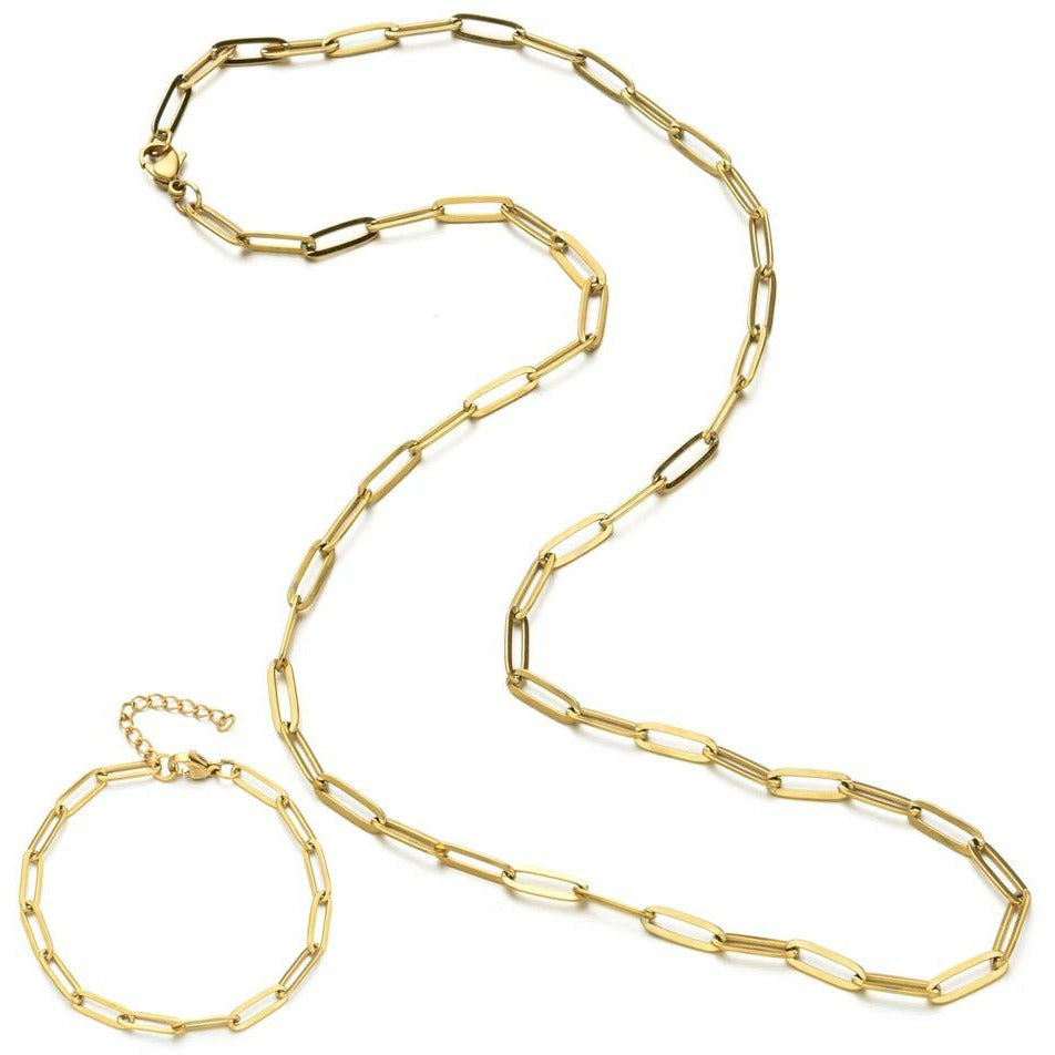 Paper clip Choker to Chain Necklace w/ Bracelet Set - Gold / Silver