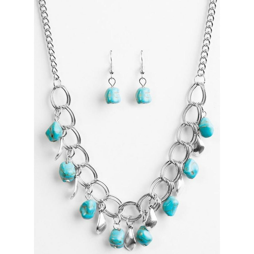 Turquoise stones silver link necklace with earrings 