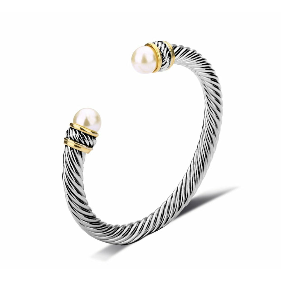 Silver gold two toned vintage snake cable cuff pearl bracelet- designer inspired