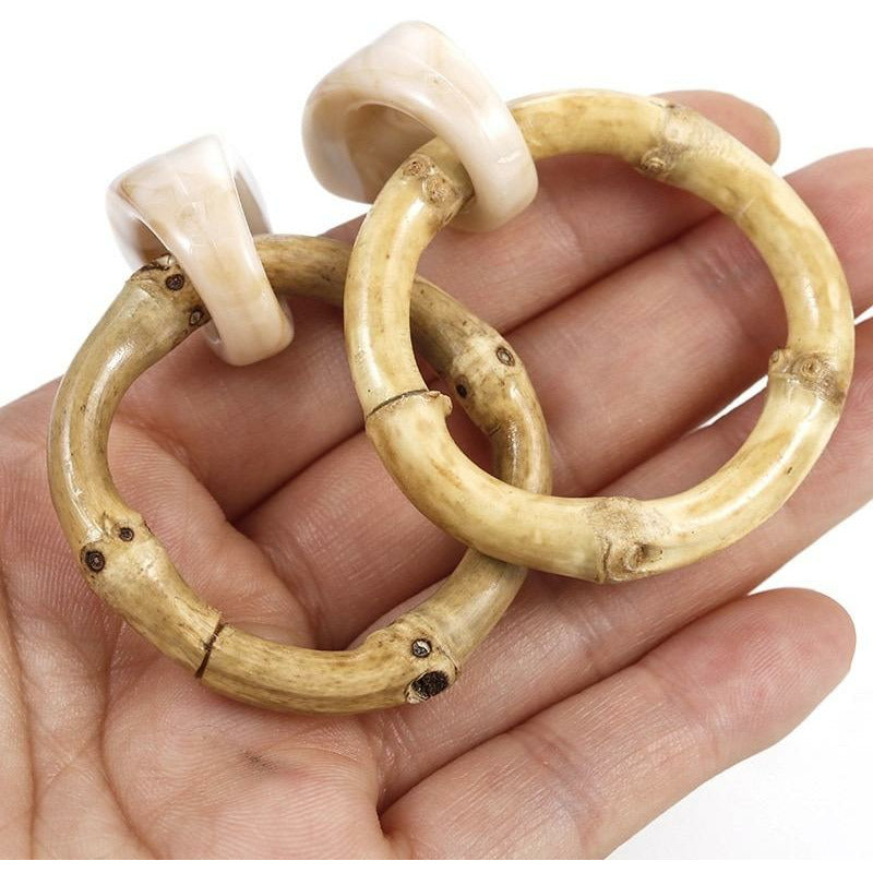 Lightweight Vintage Tiki Bamboo Wooden Drop Hoop Summer Earrings