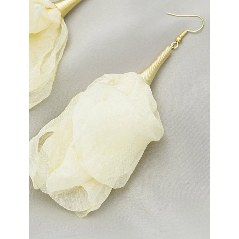 Pom-Pom Chiffon Flower Drop Earrings - Rose Pink / Beige