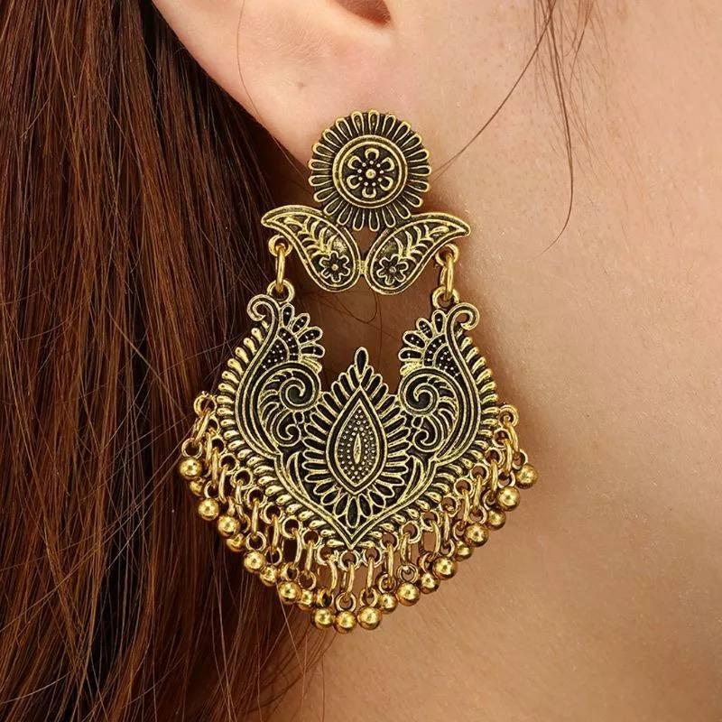 Jhumka Drop Earrings with Beads - Antique Gold / Silver 