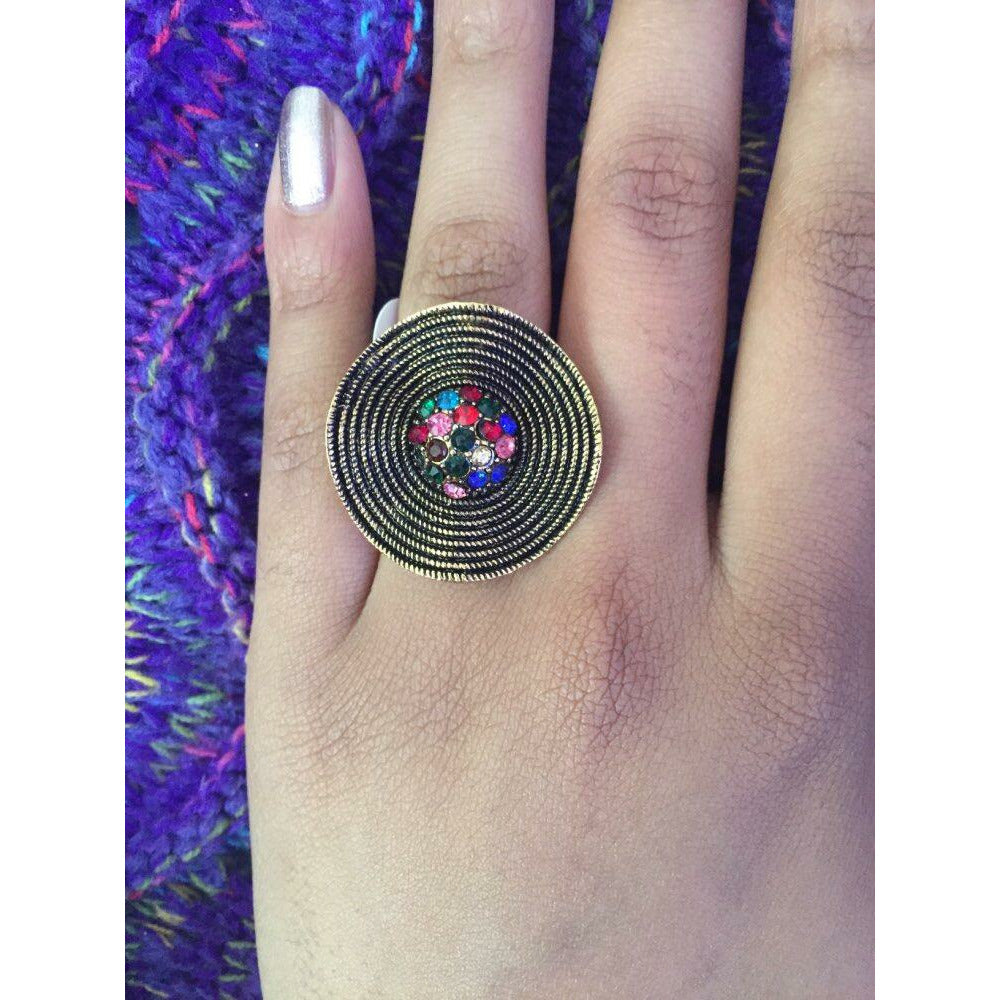 Gold fan ring with colorful crystal rhinestone center - antique gold