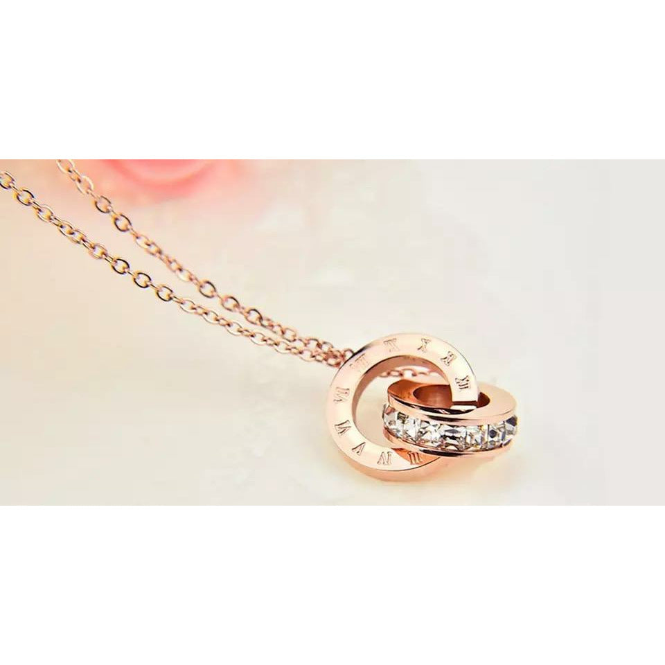 Love friendship interlocking roman numeral ring necklace - rose gold