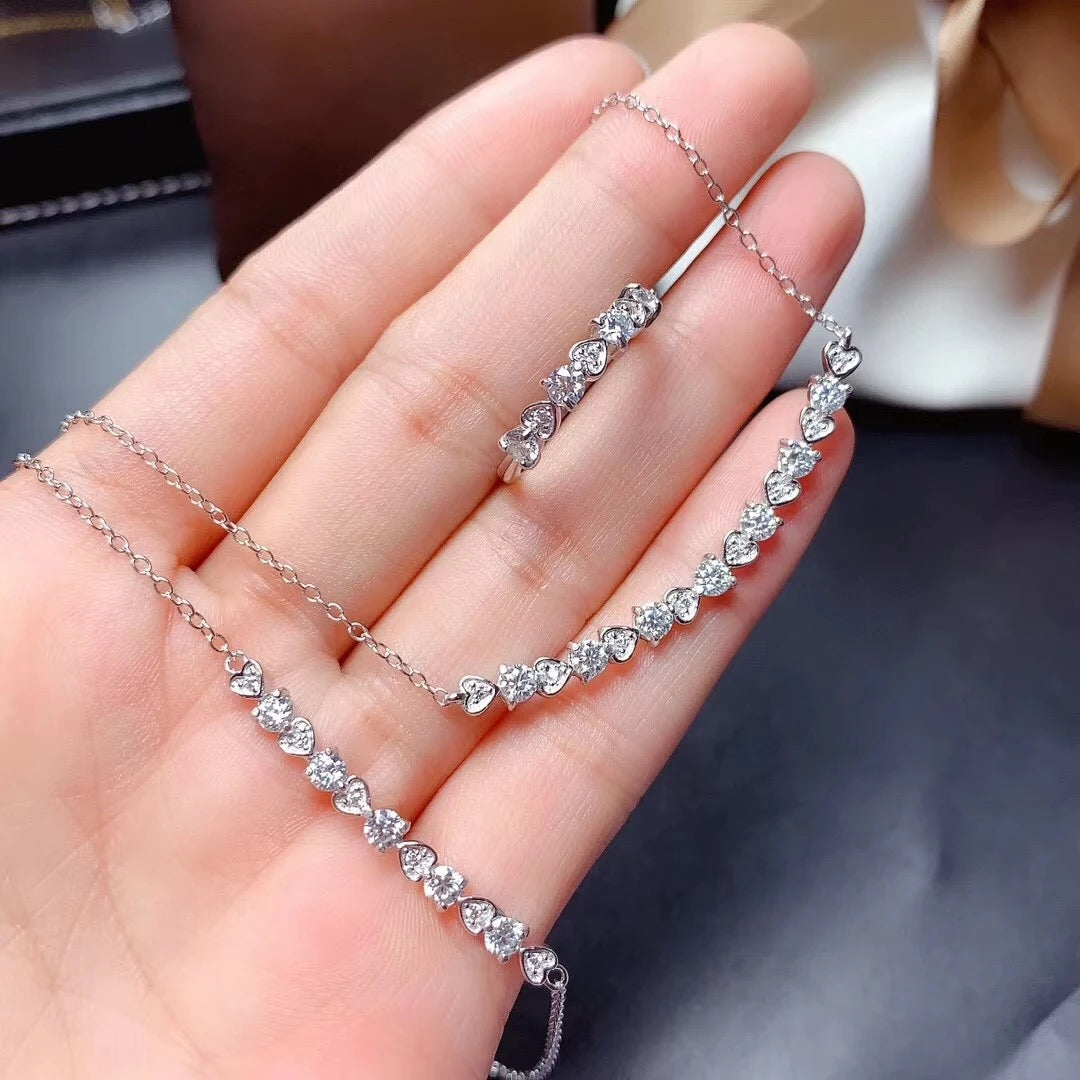 Flawless Moissanite Heart Bar Necklace, Bracelet and Ring Set