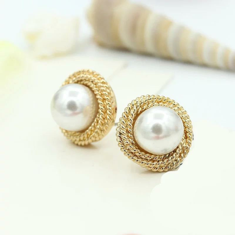 Big Simulated Pearl, Golden Rope Women Stud Earrings make the best sophisticated statement at dinner, work or wedding bridal party. 