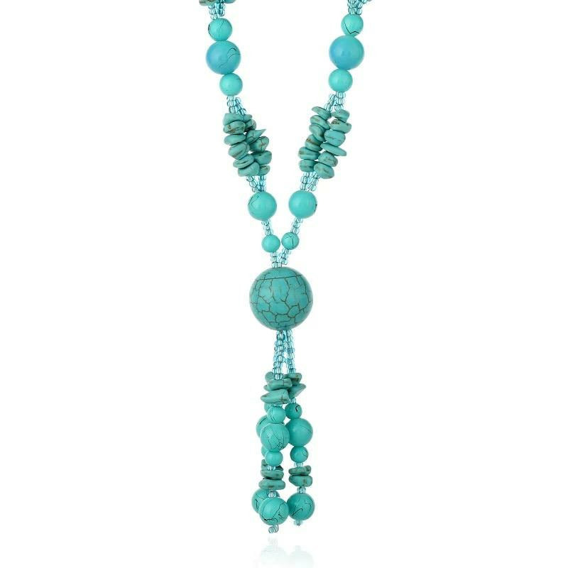 Penelope Turquoise Beaded Long Tassel Necklace 