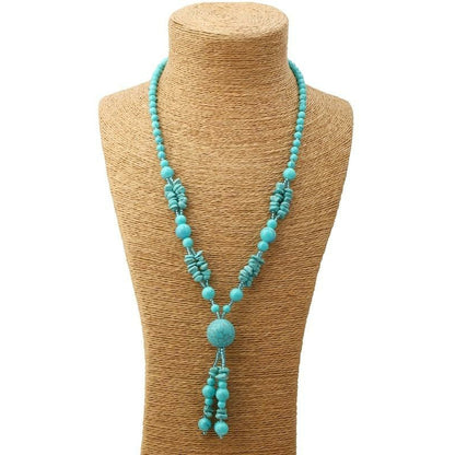 Penelope Turquoise Beaded / natural stone Long Tassel Necklace 