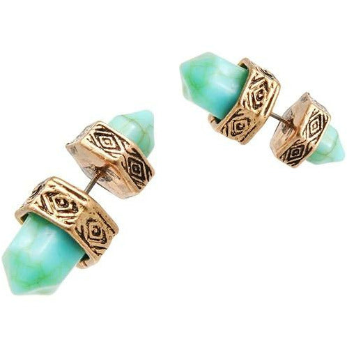 Turquoise Hexagonal Prism Double Post Earrings- Silver / Gold