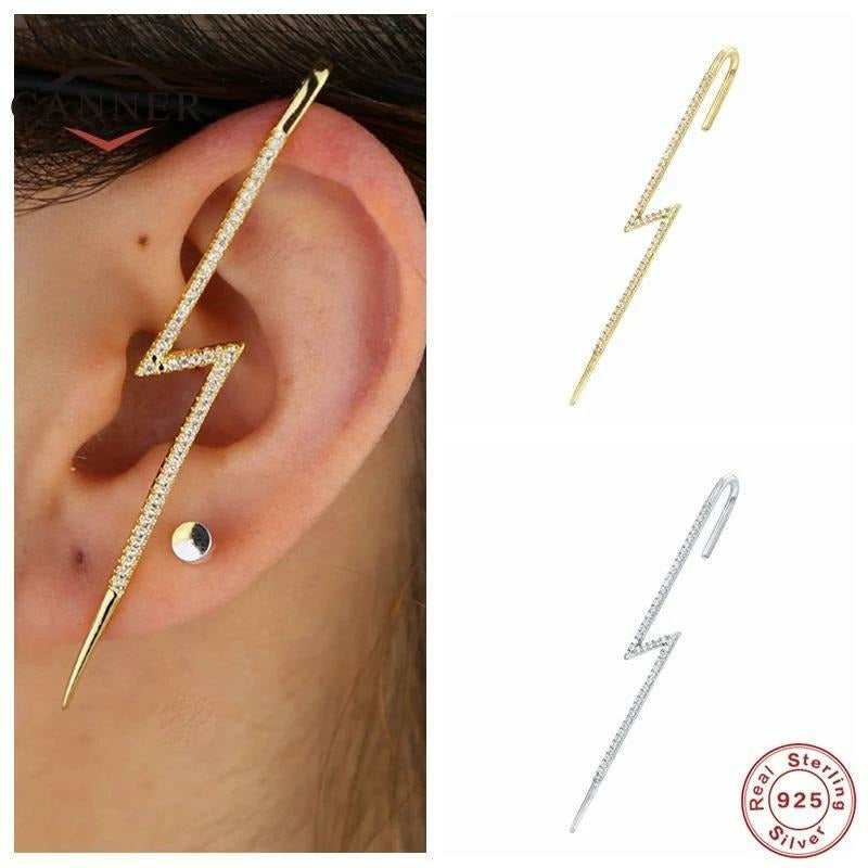 Lightning Bolt Shimmering Ear Climber Earrings - Gold or Silver 