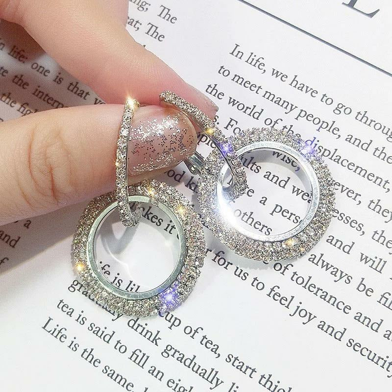 Silver Round Drop CZ rhinestone Earrings 