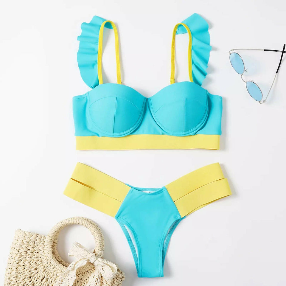 neon blue and yellow Brazilian thong bikini 
