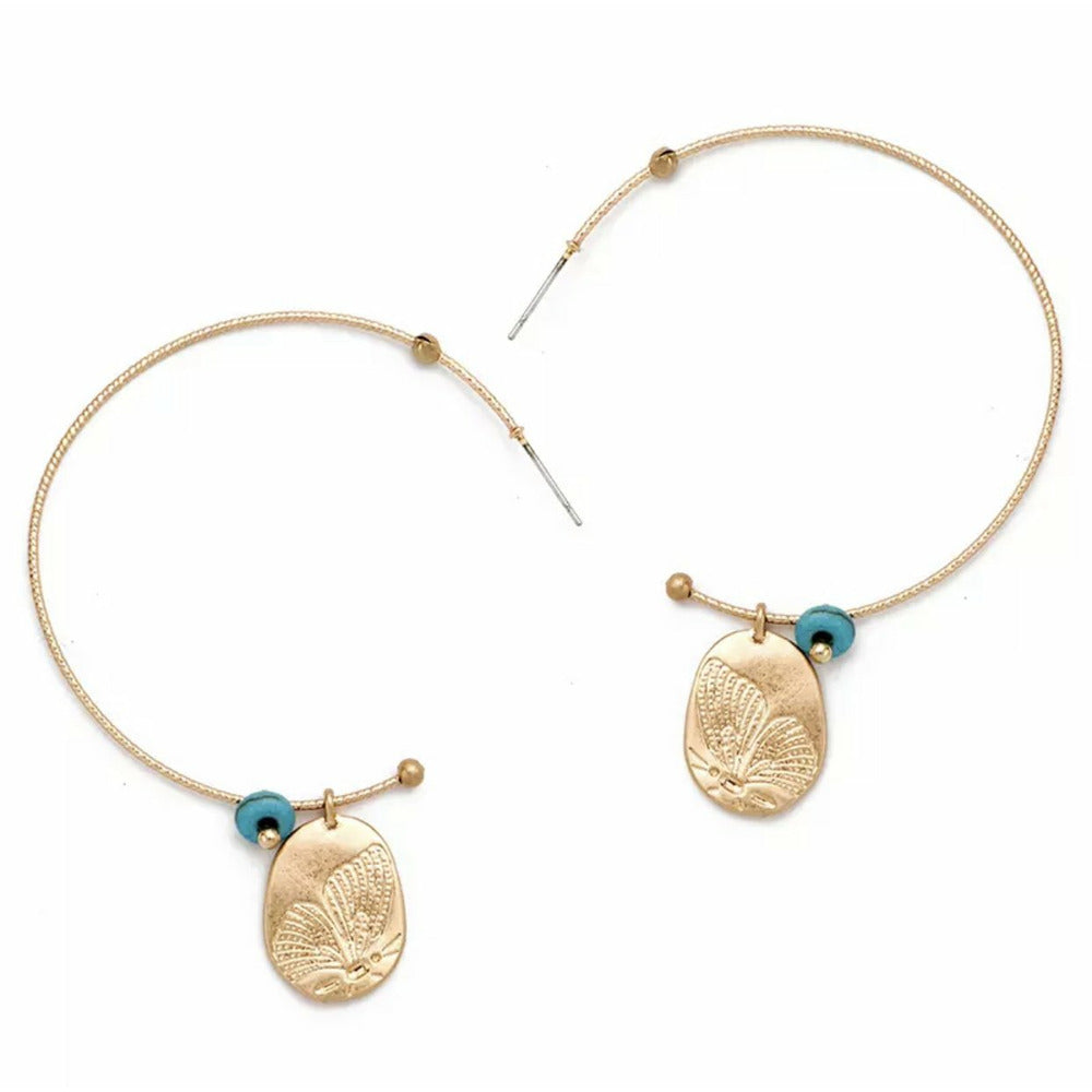 Butterfly Pendant Gold Hoop Earrings