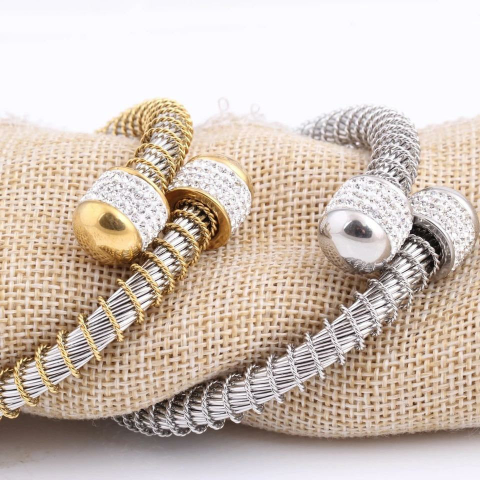 Stainless Steel Cable Wire Silver and Gold Cuff Bracelet - Designer Inspired Jewelry 