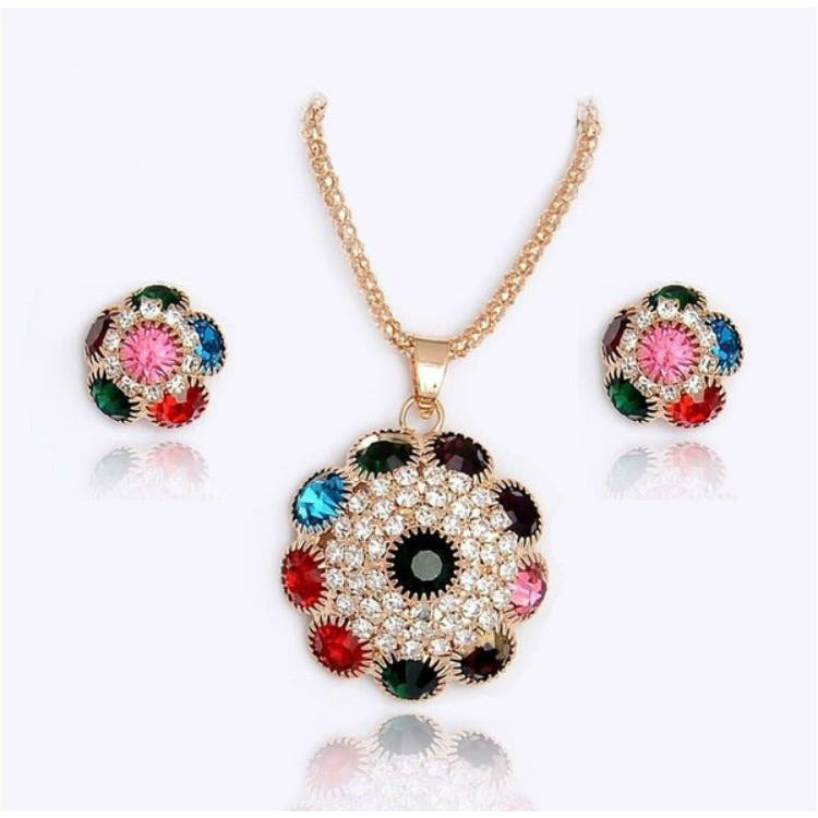 18 K plated gold colorful rhinestone necklace with matching earrings 