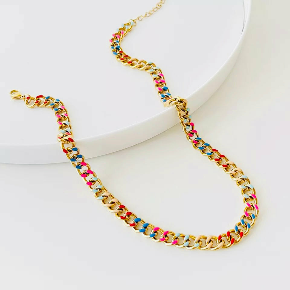 Lush-Laney Multicolor Enamel Cuban Link Gold Necklace