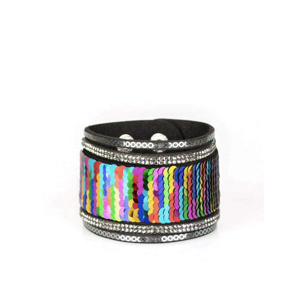 Rainbow unicorn sequence leather cuff bracelet- silver / multicolor 