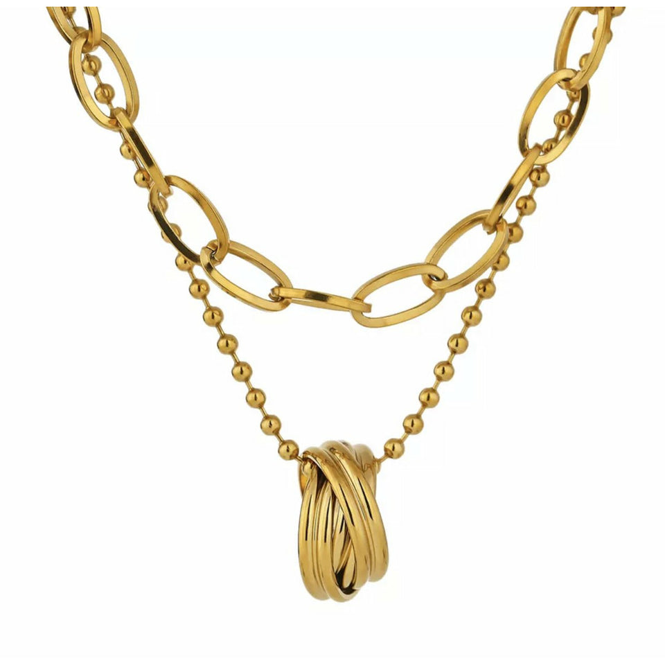 2-strand Layered Gold Necklace with knotted pendant