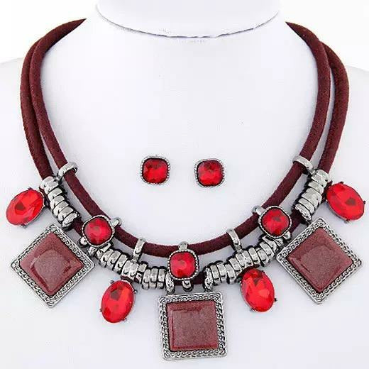 Ruby Red Statement Collar Necklace with earrings jewelry set