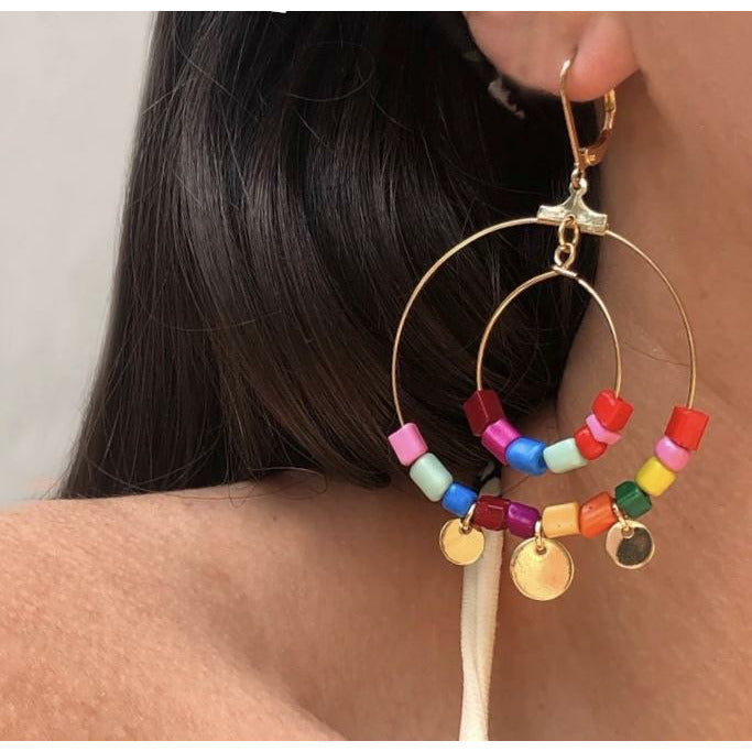 Boho Circle Gold Color beaded drop earrings 