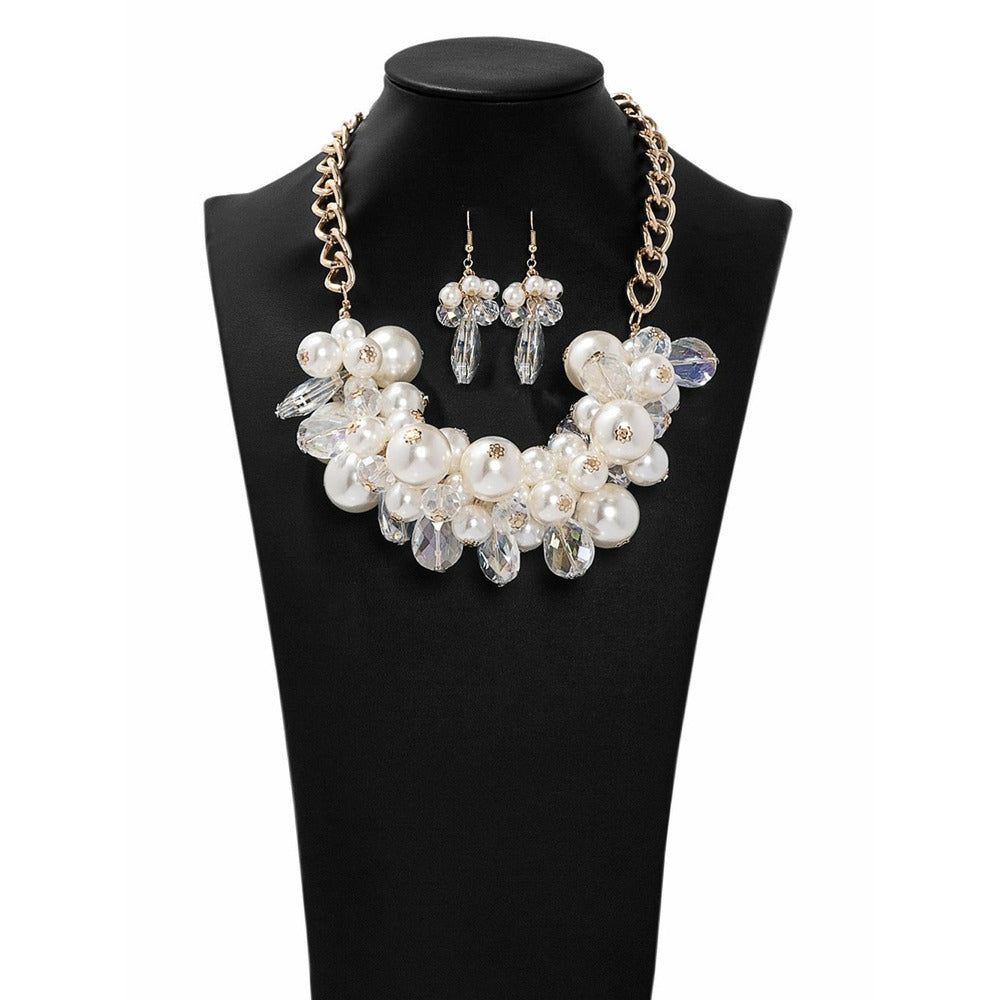 White Pearl Crystal Necklace w/ Gold Chain 