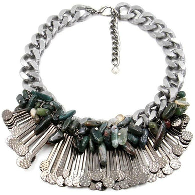 Multilayer vintage collar bib choker necklace with natural stone pendant - silver and gold  