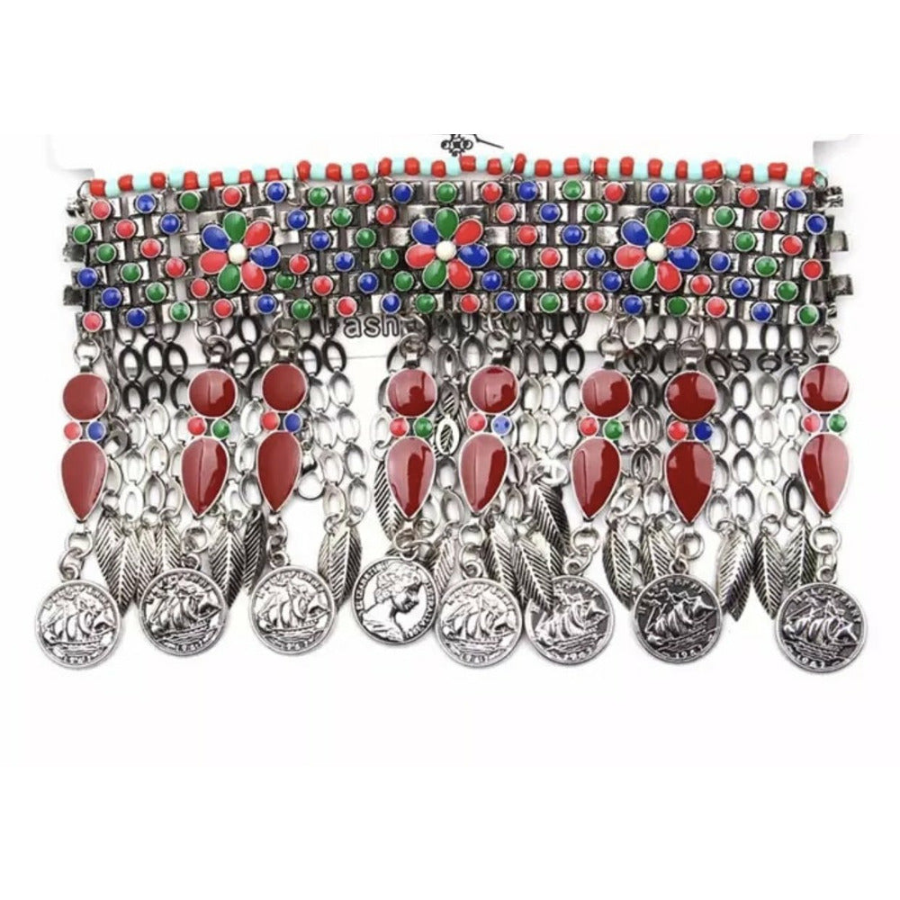 Bold Cleopatra vintage Statement Collar coin necklace with red, black / blue stones.