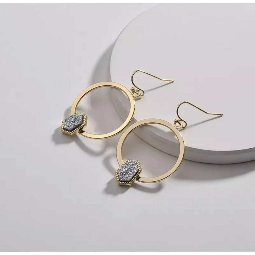 Drusy druzy Gold Drop Earrings- Silver 